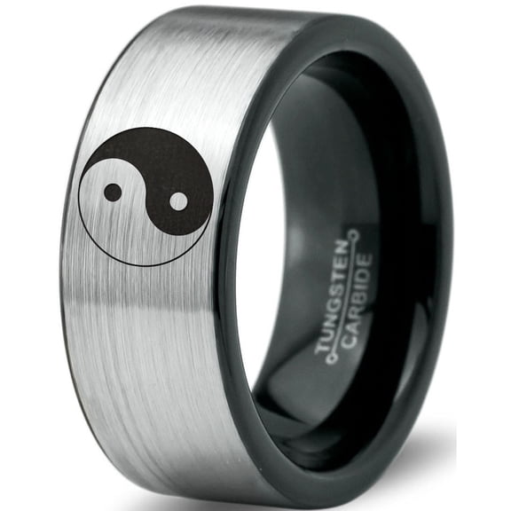 Tungsten Yin-Yang Band Ring 8mm Men Women Comfort Fit Brushed Gray Flat Cut Black Polished Size 14