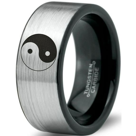 Tungsten Yin-Yang Band Ring 8mm Men Women Comfort Fit Brushed Gray Flat Cut Black Polished Size 6