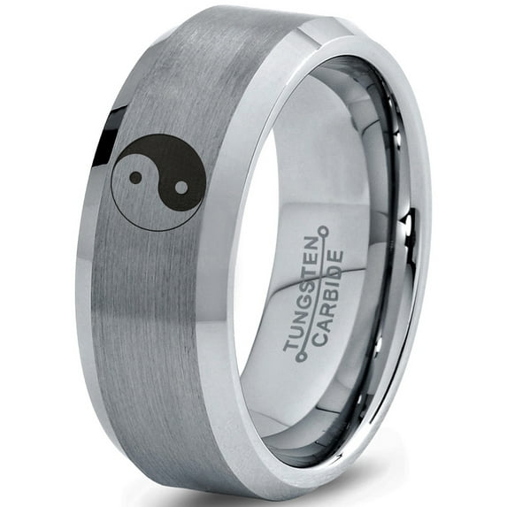 Tungsten Yin-Yang Band Ring 8mm Men Women Comfort Fit Gray Bevel Edge Brushed Polished Size 4