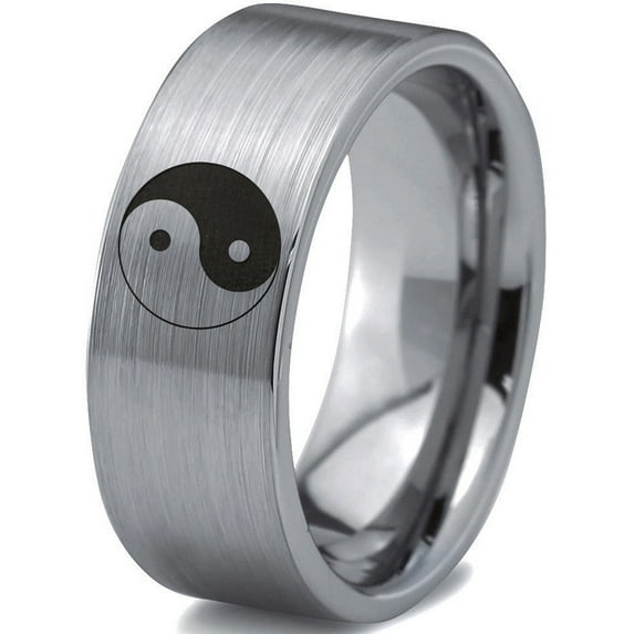 Tungsten Yin-Yang Band Ring 8mm Men Women Comfort Fit Gray Flat Cut Brushed Polished Size 13