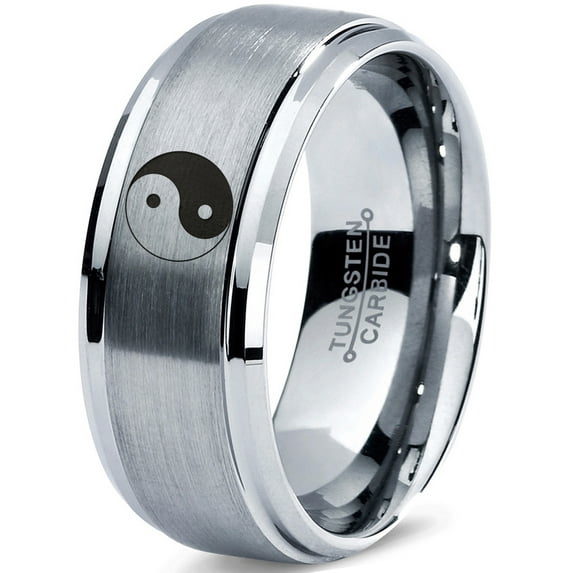 Tungsten Yin-Yang Band Ring 8mm Men Women Comfort Fit Gray Step Bevel Edge Brushed Polished Size 13
