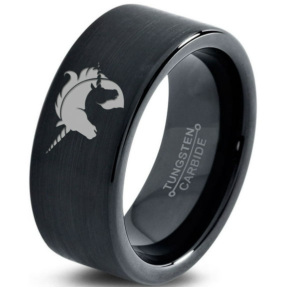 Tungsten Yin Yang Mythical Unicorns Band Ring 9mm Men Women Comfort Fit Black Flat Cut Brushed Polished