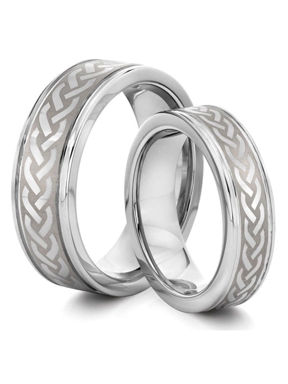 TungstenMasters Roberto Ferrini HIS & HERS 8MM/6MM Tungsten Carbide Brushed & Polished Celtic Braid Laser Engraved Comfort Fit Wedding Band TWO RING SET (Available Sizes 4 - 14 Including Half Sizes)