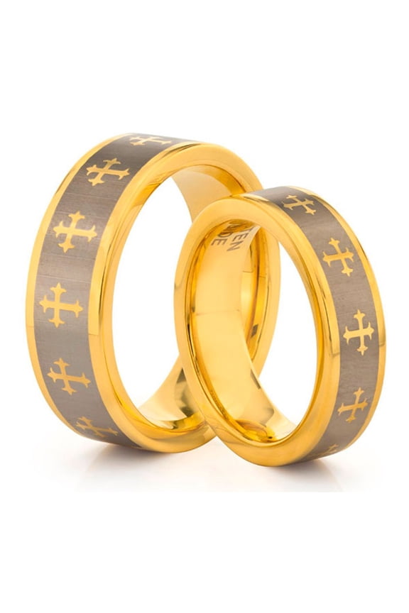 TungstenMasters Roberto Ferrini HIS & HERS 8MM/6MM Tungsten Carbide Polished Gold Celtic Cross Laser Engraved Comfort Fit Wedding Band TWO RING SET (Available Sizes 4 - 14 Including Half Sizes)
