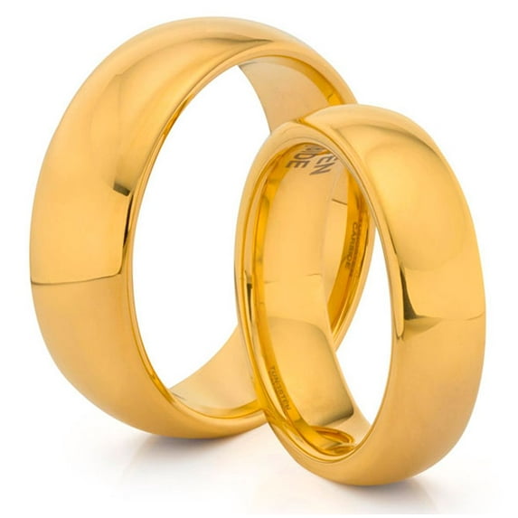 TungstenMasters Roberto Ferrini Design HIS & HERS 8MM/4MM Tungsten Carbide Gold Plated Classic Style Polished Comfort Fit Wedding Band TWO RING SET (Available Sizes 4 - 14 Including Half Sizes)