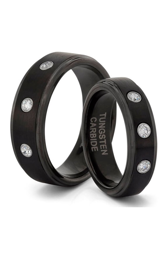 TungstenMasters Roberto Ferrini Design HIS & HERS 8MM/6MM Tungsten Carbide Black Brushed & Polished Comfort Fit Wedding Band TWO RING SET w/ 3 CZ (Available Sizes 4 - 14 Including Half Sizes)