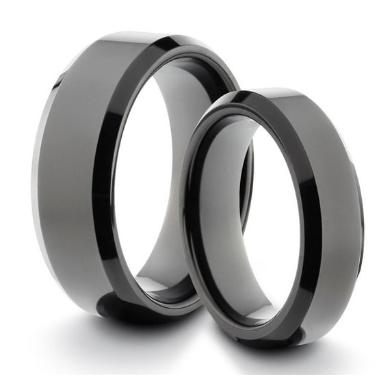 TungstenMasters Roberto Ferrini Design HIS & HERS 8MM/6MM Tungsten Carbide Black Polished Comfort Fit Wedding Band TWO RING SET (Available Sizes 4 - 14 Including Half Sizes)