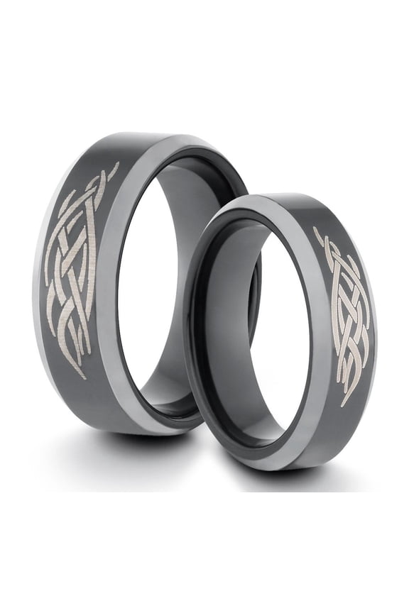 TungstenMasters Roberto Ferrini Design HIS & HERS 8MM/6MM Tungsten Carbide Black Tribal Design Laser Engraved Comfort Fit Wedding Band TWO RING SET (Available Sizes 4 - 14 Including Half Sizes)