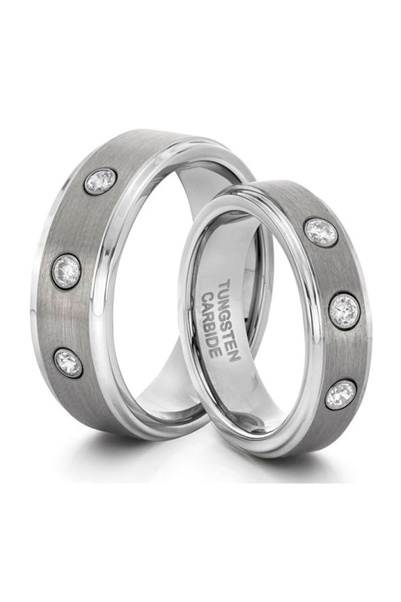 TungstenMasters Roberto Ferrini Design HIS & HERS 8MM/6MM Tungsten Carbide Brushed & Polished Comfort Fit Wedding Band TWO RING SET w/ 3 CZ (Available Sizes 4 - 14 Including Half Sizes)