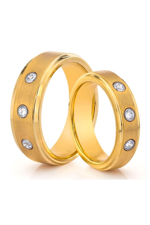 TungstenMasters Roberto Ferrini Design HIS & HERS 8MM/6MM Tungsten Carbide Brushed & Polished Gold Plated Comfort Fit Wedding Band TWO RING SET w/ 3 CZ (Available Sizes 4 - 14 Including Half Sizes)