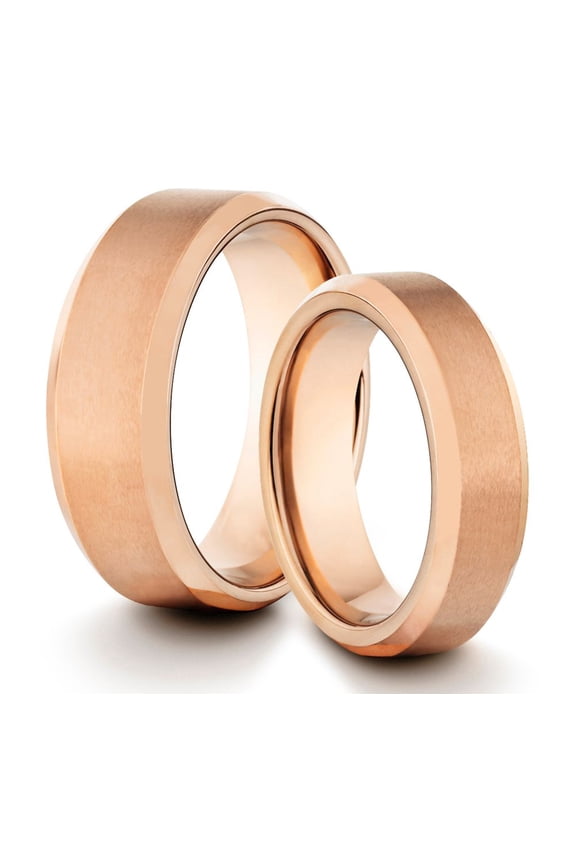TungstenMasters Roberto Ferrini Design HIS & HERS 8MM/6MM Tungsten Carbide Brushed & Polished Rose Gold Plated Comfort Fit Wedding Band TWO RING SET (Available Sizes 4 - 14 Including Half Sizes)
