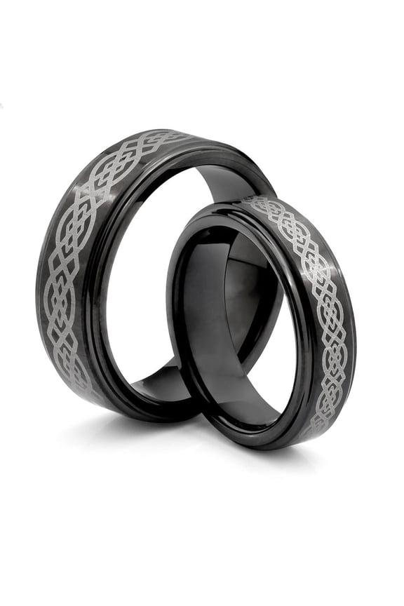 TungstenMasters Roberto Ferrini Design HIS & HERS 8MM/6MM Tungsten Carbide Polished Black Celtic Laser Engraved Comfort Fit Wedding Band TWO RING SET (Available Sizes 4 - 14 Including Half Sizes)