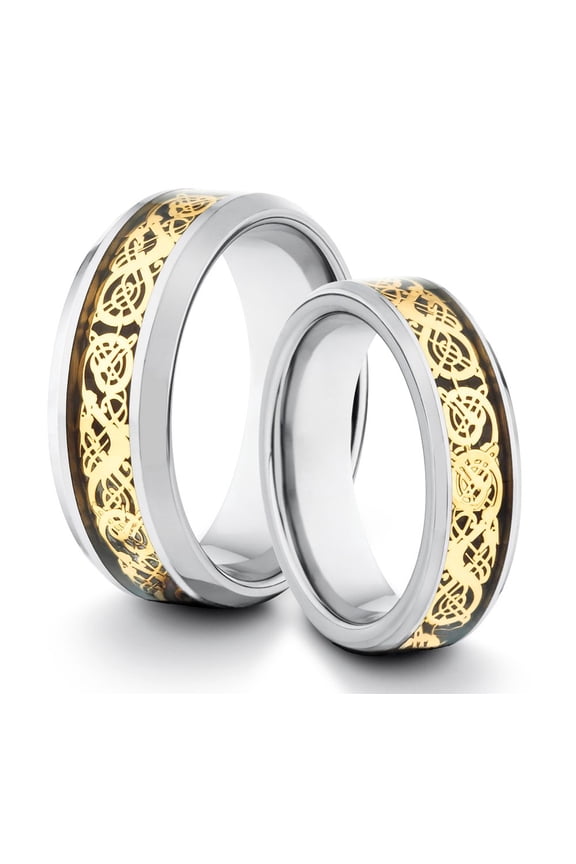 TungstenMasters Roberto Ferrini Design HIS & HERS 8MM/6MM Tungsten Carbide Polished Gold Asian Dragon Inlay Design Comfort Fit Wedding Band TWO RING SET (Available Sizes 4 - 14 Including Half Sizes)