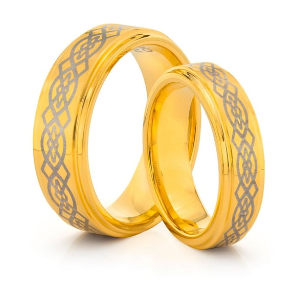 TungstenMasters Roberto Ferrini Design HIS & HERS 8MM/6MM Tungsten Carbide Polished Gold Celtic Laser Engraved Comfort Fit Wedding Band TWO RING SET (Available Sizes 4 - 14 Including Half Sizes)