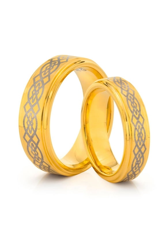 TungstenMasters Roberto Ferrini Design HIS & HERS 8MM/6MM Tungsten Carbide Polished Gold Celtic Laser Engraved Comfort Fit Wedding Band TWO RING SET (Available Sizes 4 - 14 Including Half Sizes)