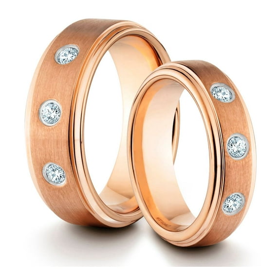 TungstenMasters Roberto Ferrini HIS & HERS 8MM/6MM Tungsten Carbide Brushed & Polished Rose Gold Plated Comfort Fit Wedding Band TWO RING SET w/ 3 CZ (Available Sizes 4 - 14 Including Half Sizes)