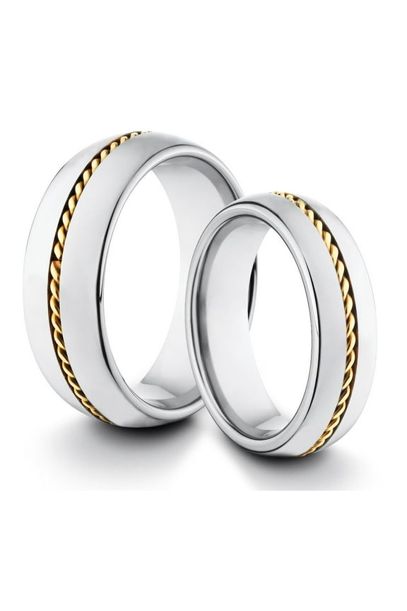 TungstenMasters Roberto Ferrini HIS & HERS 8MM/6MM Tungsten Carbide Classic Polished Comfort Fit Wedding Band TWO RING SET w/ Gold Plated Rope Style Inlay (Available Sizes 4 - 14 Including Half Sizes)