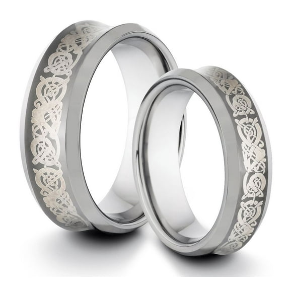 TungstenMasters Roberto Ferrini HIS & HERS 8MM/6MM Tungsten Carbide Polished Concave Comfort Fit Wedding Band TWO RING SET w/ Laser Engraved Asian Dragon (Available Sizes 4 - 14 Including Half Sizes)
