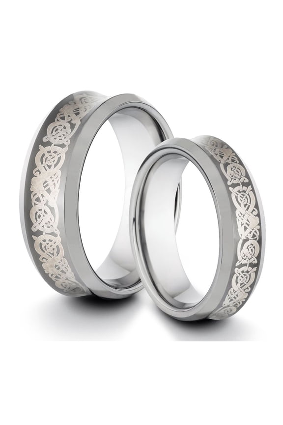 TungstenMasters Roberto Ferrini HIS & HERS 8MM/6MM Tungsten Carbide Polished Concave Comfort Fit Wedding Band TWO RING SET w/ Laser Engraved Asian Dragon (Available Sizes 4 - 14 Including Half Sizes)