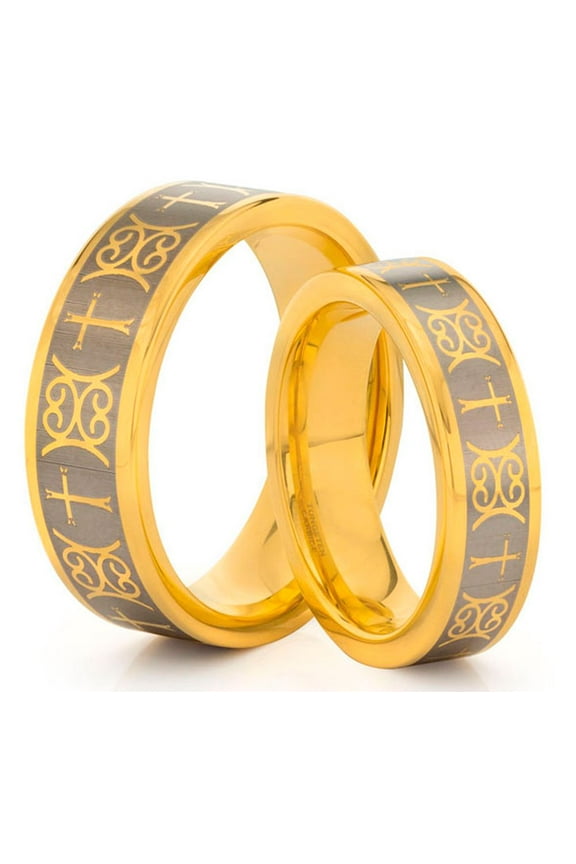 TungstenMasters Roberto Ferrini HIS & HERS 8MM/6MM Tungsten Carbide Polished Gold Celtic Cross Laser Engraved Comfort Fit Wedding Band TWO RING SET (Available Sizes 4 - 14 Including Half Sizes)