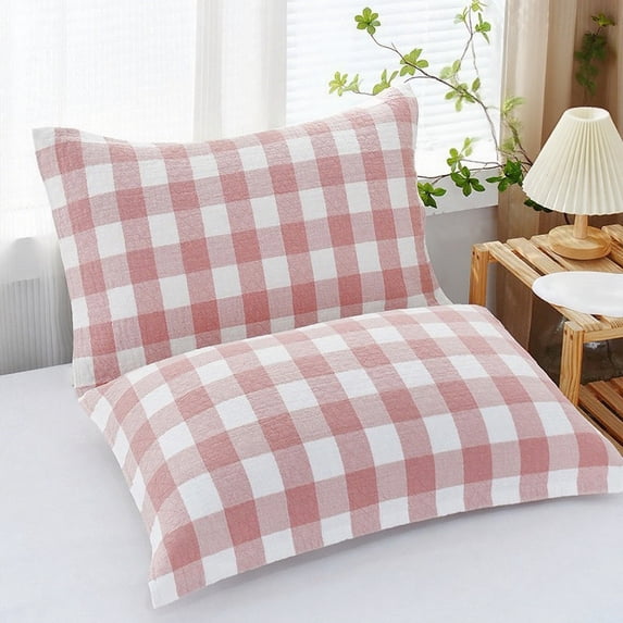 Tunhigl 100% Cotton Queen Pillowcase Soft Breathable Checkered Design Hypoallergenic Machine Washable All-Season Bedding for Homeowners Guests Pink