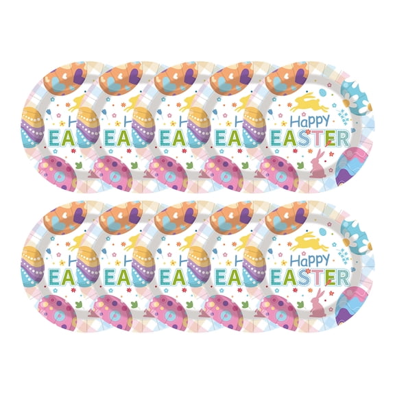 Tunhigl 10PC Easter Rabbit and Egg Design Dinner Plates Disposable Paper Plates for Easter Holiday Parties, Spring Events, and Family Celebrations