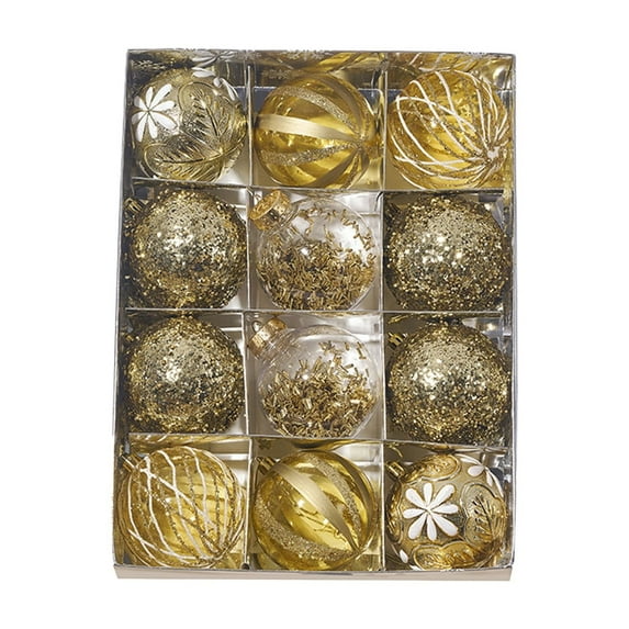 Tunhigl 12 Pack Christmas Tree Ornaments Set, Shatterproof Plastic Holiday Ball Decorations with Sequins, Mixed Colors Xmas Tree Pendants, Festive Holiday Home Decor Gold