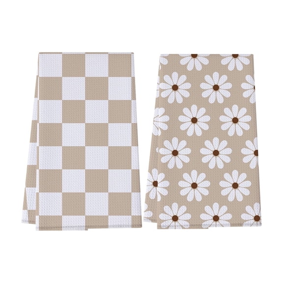 Tunhigl 15.74" × 23.62" Checkered & Floral Cotton Kitchen Towels, Absorbent Streak-Free Waffle Weave Towels, 2 Pack , 7 Color Sets