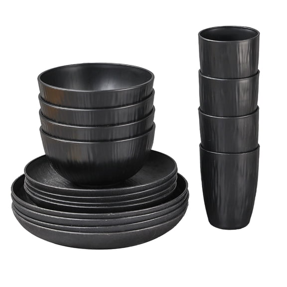Tunhigl 16-Piece Wheat Straw Dining Utensil Set Eco-Friendly Unbreakable Lightweight Tableware Microwave Safe Dishwasher Safe Black