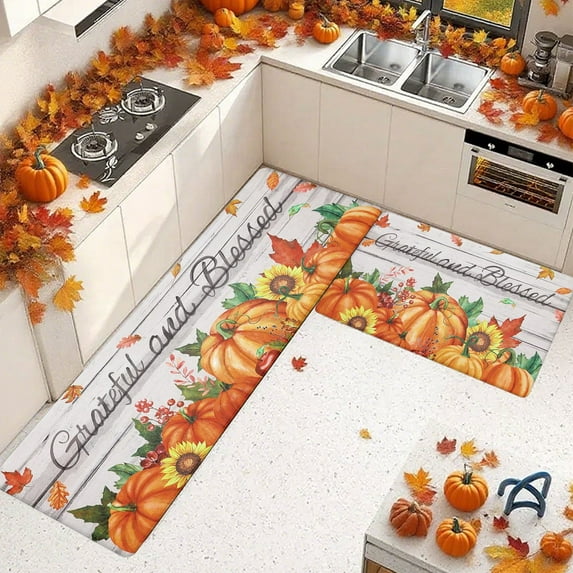 Tunhigl 2-Piece Fall Decor Rugs Set (48x16"/24x16") - Pumpkin & Maple Leaf Non-Slip Floor Mats for Halloween/Thanksgiving- Waterproof Easy-Clean Decor for Kitchen, Bathroom, Porch & Entryway