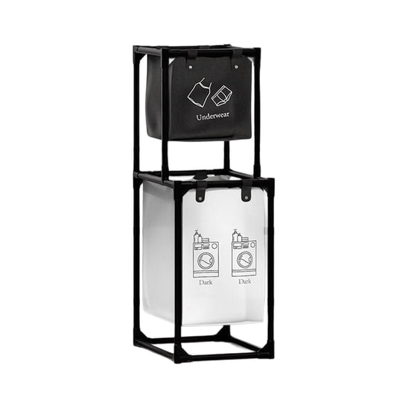 Tunhigl 2-Tier Laundry Basket Bathroom Storage Rack - Storage Organizer with Hamper for Clothes, Towels, Toiletries, and Linens - Space-Saving Bathroom Organizer Shelf Black