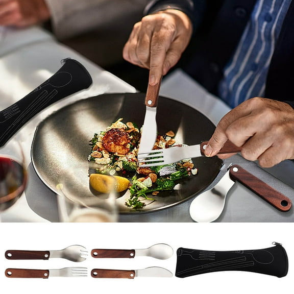 Tunhigl 304 Stainless Steel Portable Folding Cutlery Set with Wooden Handle for Camping Picnics Travel Back to School Lightweight Eco-Friendly Dishwasher-Safe Reusable Utensils