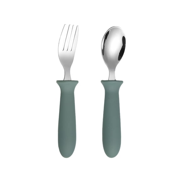 Tunhigl 304 Stainless Steel Utensil Set - Spoon & Fork with Non-Slip Handle, Toddler Training Chopsticks, BPA-Free Safe Eating Tools for Independent Mealtime Olive Green