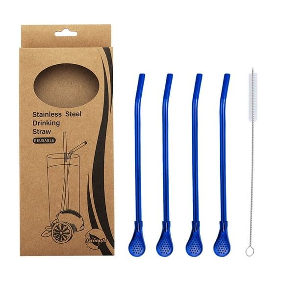 Tunhigl 5-Piece Reusable Stainless Steel Straw Spoon Set - 3-in-1 Filter, Sip & Stir Multitool for Coffee, Milk Tea, Juice & More with Cleaning Brush | Eco-Friendly Metal Drinking Spoon Straws Blue