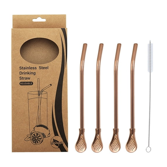 Tunhigl 5-Piece Reusable Stainless Steel Straw Spoon Set - 3-in-1 Filter, Sip & Stir Multitool for Coffee, Milk Tea, Juice with Cleaning Brush | Eco-Friendly Metal Drinking Spoon Straws Rose Gold