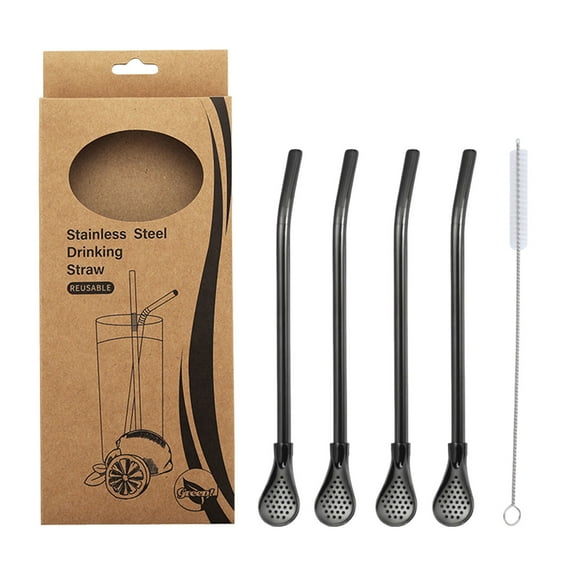 Tunhigl 5-Piece Reusable Stainless Steel Straw Spoon Set - 3-in-1 Filter, Sip & Stir Multitool for Coffee, Milk Tea, Juice & More with Cleaning Brush | Eco-Friendly Metal Drinking Spoon Straws Black