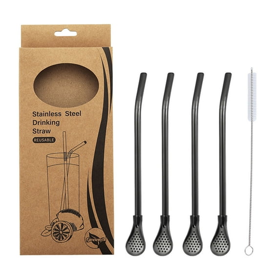 Tunhigl 5-Piece Reusable Stainless Steel Straw Spoon Set - 3-in-1 Filter, Sip & Stir Multitool for Coffee, Milk Tea, Juice & More with Cleaning Brush | Eco-Friendly Metal Drinking Spoon Straws Black
