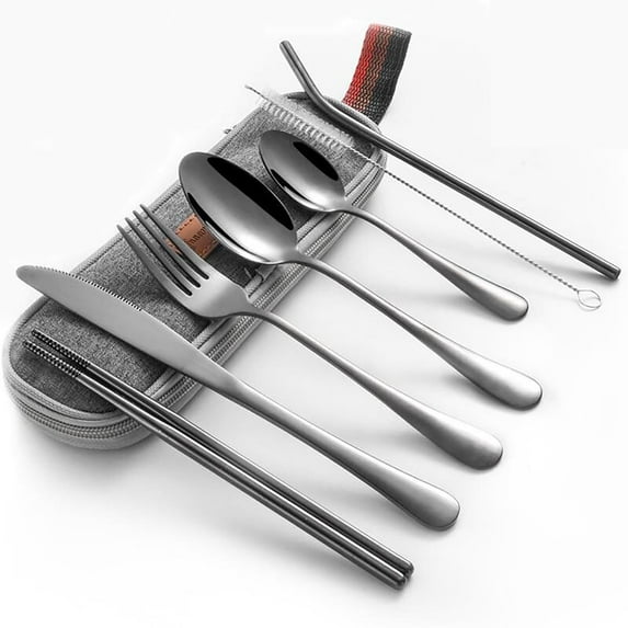 Tunhigl 8-Piece Travel Utensils Set - Stainless Steel Knife, Fork, Spoon, Chopsticks & Straws for Camping, Picnic, Hiking & Work - Eco-Friendly Reusable Cutlery with Carry Case Black