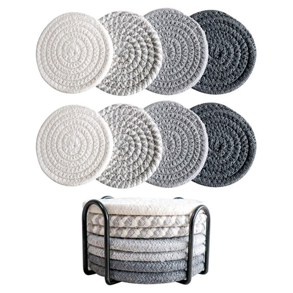 Tunhigl Boho Style Drink Mats Set of 8 - Absorbent Coffee Cup Coasters with Holder for Home Decor, Ideal Gift for Kitchen, Dining Table, and More Gray