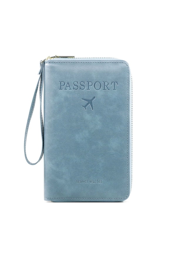 Compact RFID Blocking Travel Passport Holder Wallet for Men Women - Anti-Theft Zipper Closure Secure Passport Case with Organized Storage for Airports International Travel Sky Blue