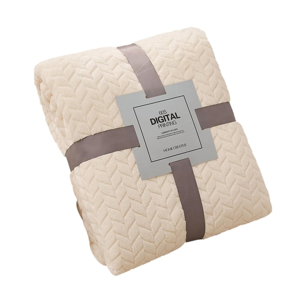 Tunhigl Cozy Flannel Fleece Blanket - Soft Embroidered Knee Throw for Office, Sofa, Travel - Plush Warm Fleece Blanket for AC, Couch, Dorm, Home, Perfect Gift for Women & Men Beige