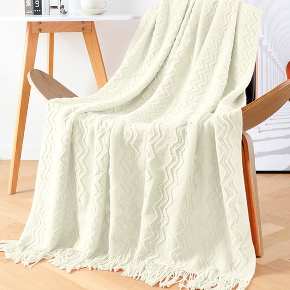 Tunhigl Cozy Knit Throw Blanket with Tassel Fringe - Solid Color Soft Sofa & Bed Blanket - Decorative Stylish Throw for Living Room, Home Decor, Gift, All Seasons Beige