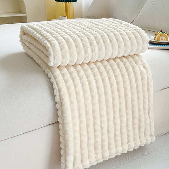 Tunhigl Cream Cozy Fleece Throw Blanket for Sofa - Soft Warm Reversible Blanket for Holiday Gift, Winter Home Decor & Year-Round Comfort White
