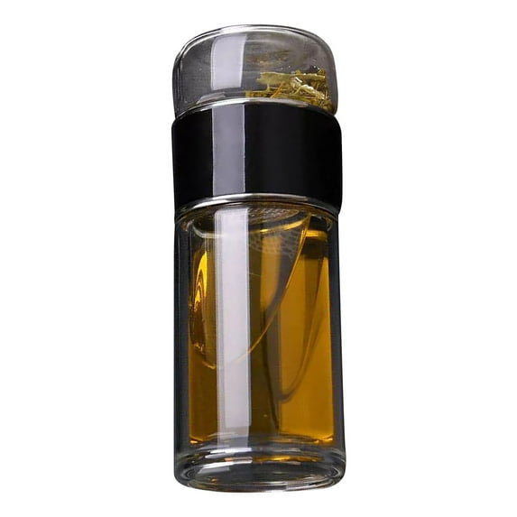 Tunhigl Double-Layer Glass Tea Cup with Filter - Insulated Transparent Tea Brewing Cup for Hot & Cold Drinks, Portable Travel Mug for Men & Women Black