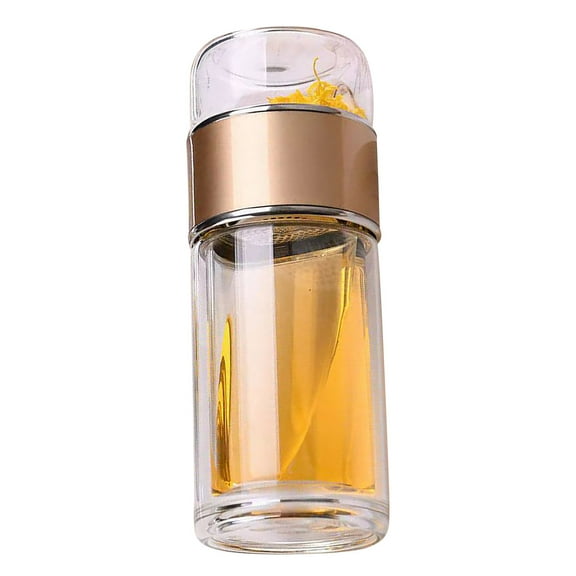 Tunhigl Double-Layer Glass Tea Cup with Filter - Insulated Transparent Tea Brewing Cup for Hot & Cold Drinks, Portable Travel Mug for Men & Women Gold