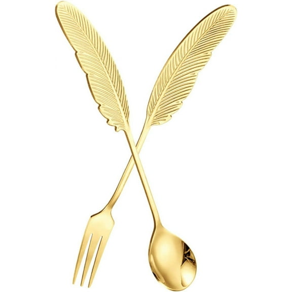 Tunhigl Elegant 304 Stainless Steel Feather Spoon and Fork Set (2pc) - Perfect for Desserts, Coffee, Fruits, Picnics, Camping, BBQ & More Gold