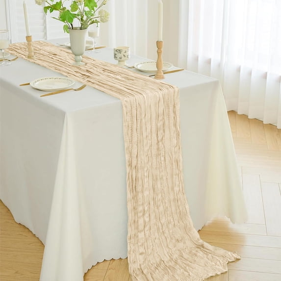 Tunhigl Elegant Chiffon Sheer Pleated Table Runner for Weddings Parties Bridal Showers Birthday Parties 35x71 Inches Cheesecloth Table Runner Khaki