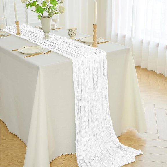 Tunhigl Elegant Chiffon Sheer Pleated Table Runner for Weddings Parties Bridal Showers Birthday Parties 35x71 Inches Cheesecloth Table Runner White