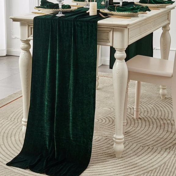 Tunhigl Elegant Luxury Velvet Rectangle Table Runner 29x120 Inches Long for Large Dining Tables Green
