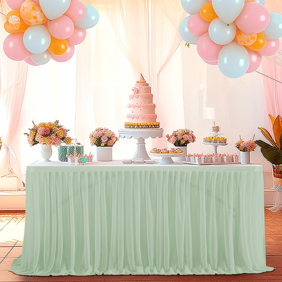 Tunhigl Elegant White Tulle Table Skirt for Weddings & Parties - Extra Long Recyclable Transparent Tablecloth with Ruffled Design for Banquet and Birthday Table Decor Green